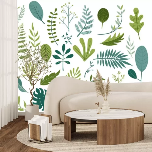 Sticker  Set of different tropical and other isolated green leaves. Palm, banana leaf, hibiscus, plumeria, split leaf, philodendron. Jungle collection for your design.Vector illustration.