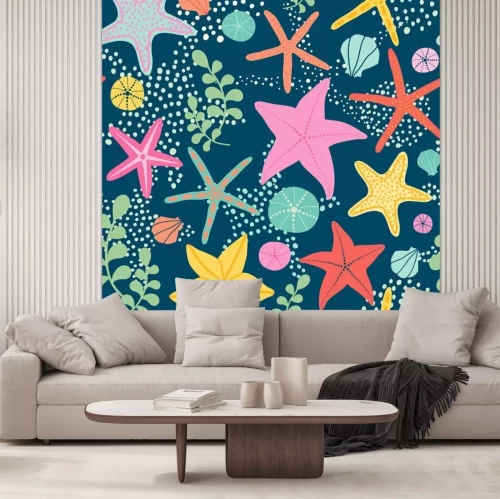 Sticker  Seamless vector pattern with starfish on the dark background. 