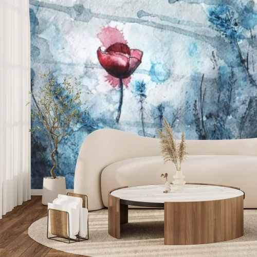 Papier peint  Coquelicot rouge parmi des fleurs bleues