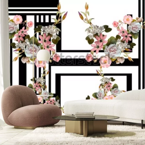 Papier peint  Rhizomes sur une forme géométrie noire et blanche