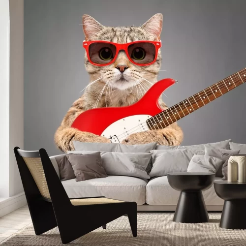 Sticker  Cat Scottish Straight in sunglasses with electric guitar on gray background
