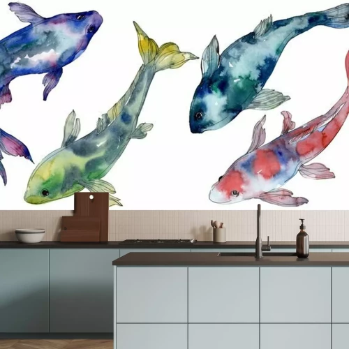 Sticker  Spotted aquatic underwater colorful tropical fish set. Watercolor background set. Isolated fish illustration element.