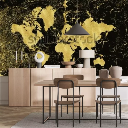 Papier peint  Carte du monde avec continents dorés sur fond noir