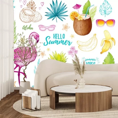 Sticker  Summer tropic sticker set for t-shirt print, logo design, print, ca. Vector flamingo, palm leaf, exotic fruit. Hand drawn vintage art. Cool doodle pineapple, watermelon, banana. White background