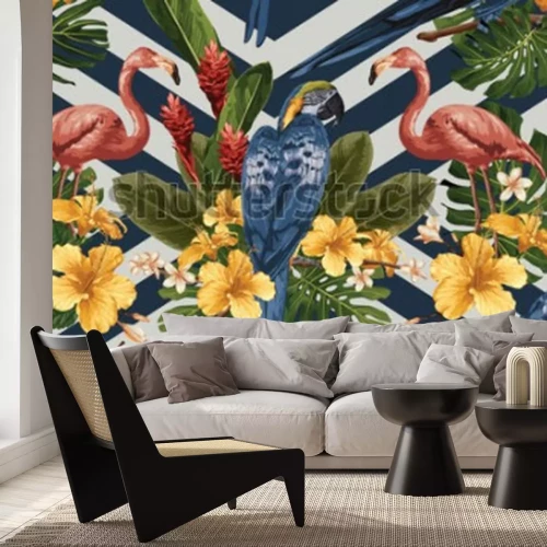 Papier peint  Oiseaux sur un fond de fleurs et de rayures