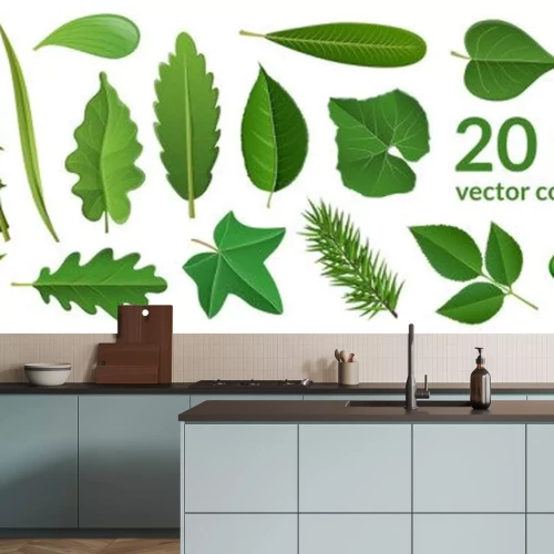 Sticker  Green leaf collection including 20 type of different leaf design, tropical, flower and fruit leaves. Vector illustration, isolated on white, for nature, eco and summer design