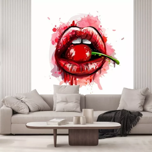 Sticker  Woman red lips with cherry