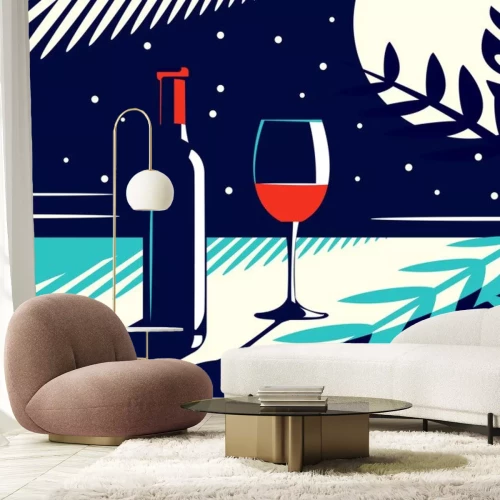Sticker  Vector illustration of a night view with a bottle and a glass of red wine in vintage style on the background of the moon and tropical leaves