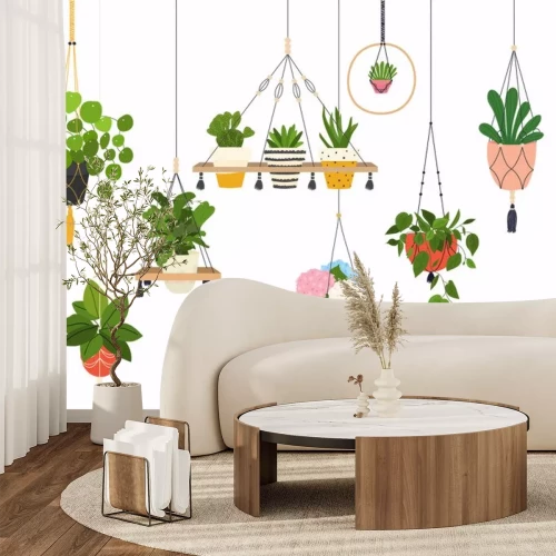 Sticker  Set of macrame hangers for plants growing in pots. Flowerpot isolated objects, houseplant flower pot collection.