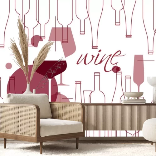 Sticker  Background in modern style with wine bottles and wine glasses. Design element for tasting, menu, wine list, restaurant, winery, shop.