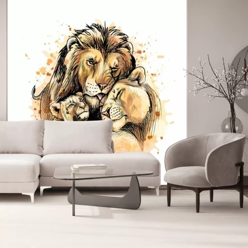 Papier peint  Composition version aquarelle d'une famille de lions