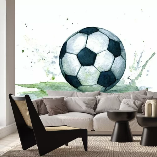 Sticker  Isolated watercolour illustration of realistic black and white soccer ball with green splash
