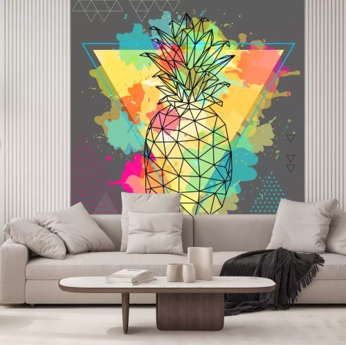 Sticker  Hipster polygonal tropic fruit pineapple on artistic triangle watercolor background