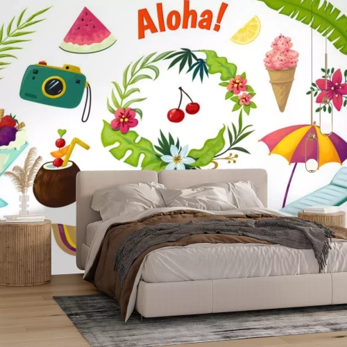 Sticker  Exotic stickers. Summer party tropical collection of doodle fruits leaves cocktail flamingo, jungle vacation abstract vector elements