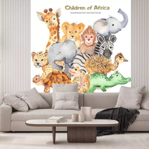 Sticker  Watercolor card with cute characters of African animals. Template for invitation, greeting card, party, baby shower, children's clothing and design.