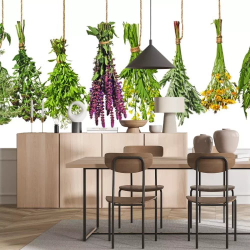 Papier peint  Bouquets colorés d'herbes fraîches sur fond blanc