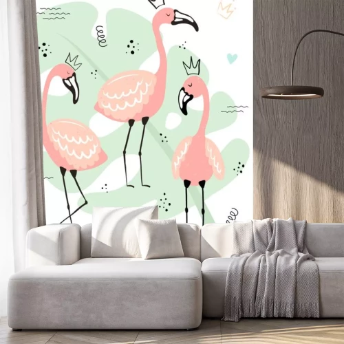 Sticker  Vector tropical illustration of cute flamingos in the crown on the monstera background. Hand-drawn summer exotic poster for kids, holidays, clothes, decor, textile, fabric, card. Little Princess