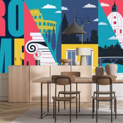 Sticker  Rome, Italy vector banner, illustration. Cityscape, historical landmarks in modern flat design