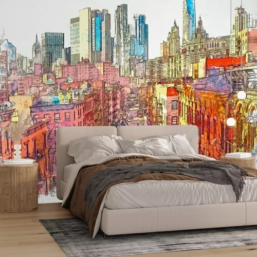 Papier peint  Watercolor sketch or illustration of a beautiful view of the street in Chinatown in New York in the USA. Everyday city life