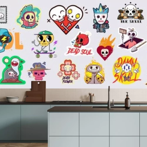 Sticker  Set of funny cartoon varied skull stickers.
