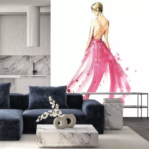 Sticker  Young woman wearing long evening dress, bride. Watercolor illustration