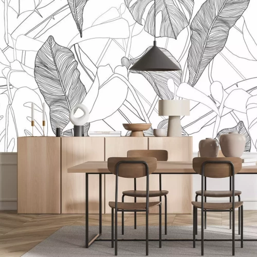 Papier peint  Croquis minimaliste noir et blanc de feuilles tropicales