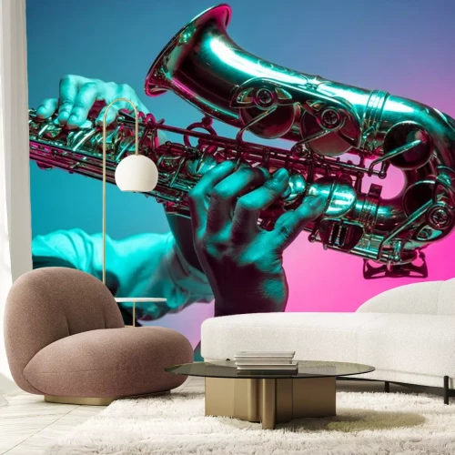 Sticker  African American handsome jazz musician playing the saxophone in the studio on a neon background. Music concept. Young joyful attractive guy improvising. Close-up retro portrait.