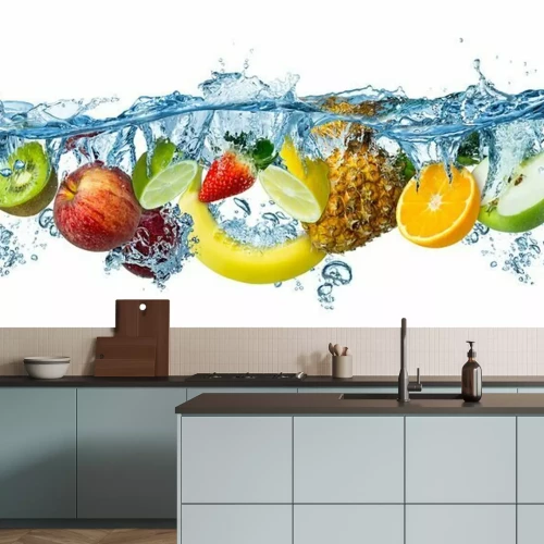 Sticker  fresh multi fruits splashing into blue clear water splash healthy food diet freshness concept isolated white background