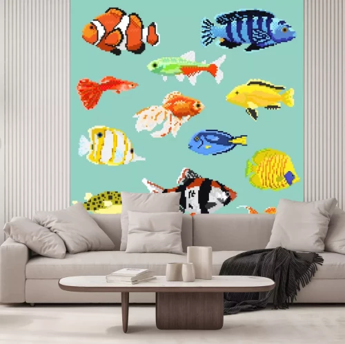 Sticker  Big set of pixel exotic fish isolated on a blue background.