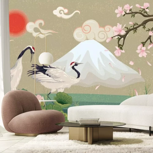 Papier peint  Paysage oriental avec des grues