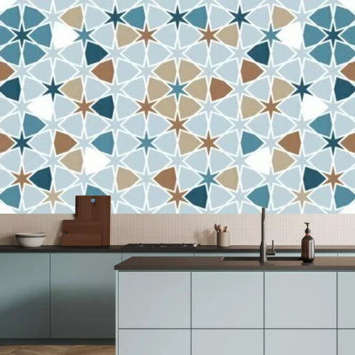 Sticker  Arabesque vector seamless pattern. Geometric halftone texture with color tile disintegration or breaking