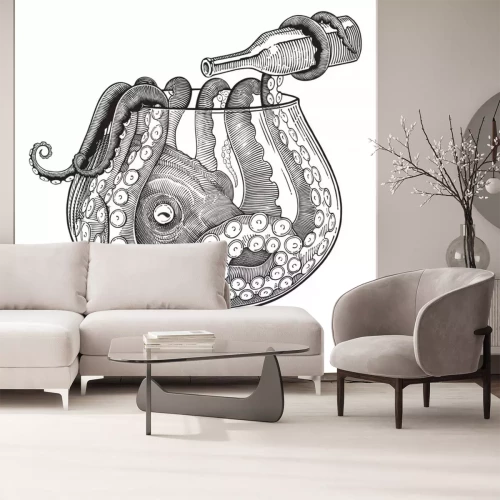 Sticker  Black and white vector drawing of octopus with bottle sitting in a big glass