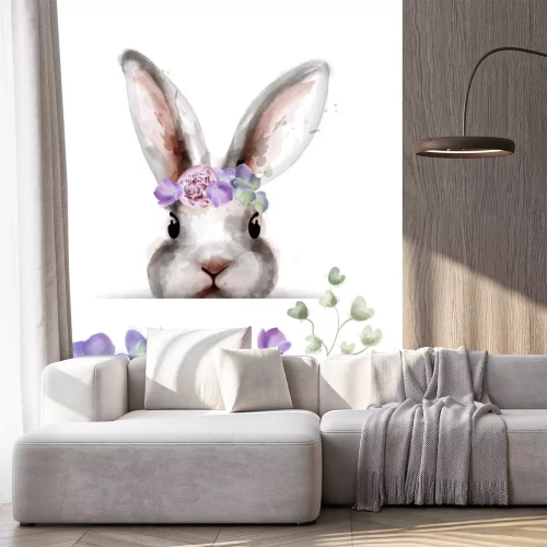 Sticker  Lapin gris avec des fleurs aquarellées violettes