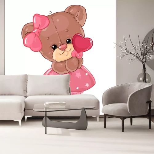 Sticker  Teddy bear girl with heart lollipop. Cute children's character.