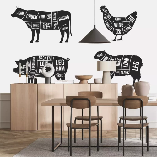 Sticker  Dessin noir et blanc de viande de différents animaux