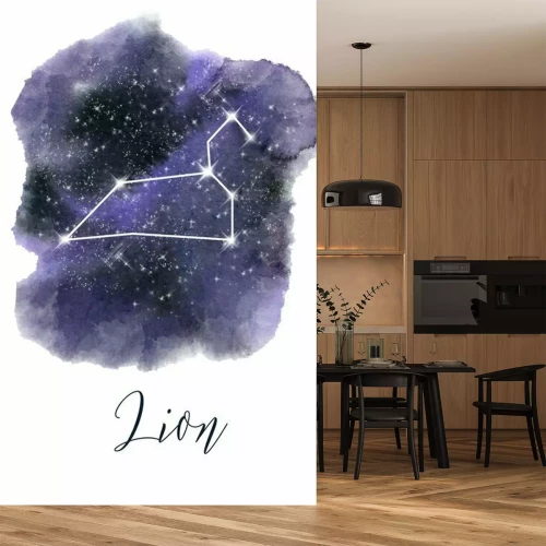 Sticker  Zodiac sign Leo. Dark blue hand drawn watercolor night sky with stars. Rough, artistic edges. Raster version.