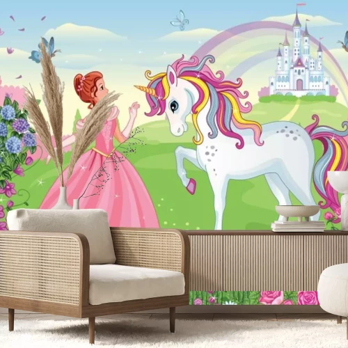 Papier peint  Princesse avec une licorne dans un pays féerique avec un château en arrière-plan