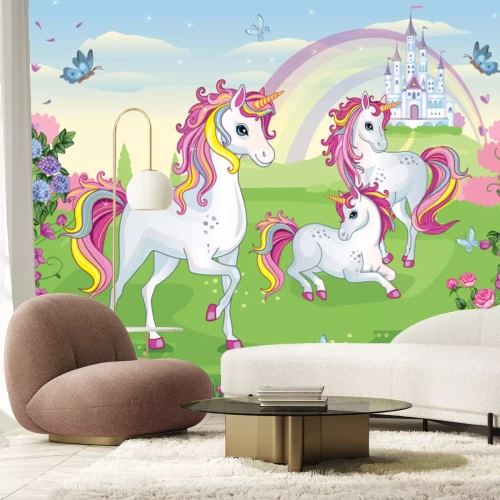 Papier peint  Licornes féeriques parmi les fleurs avec un château et un arc-en-ciel