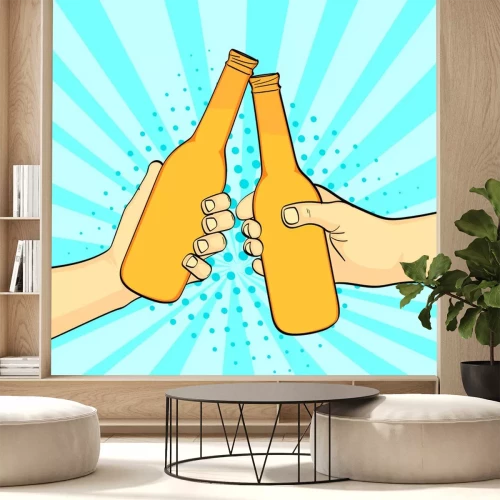 Sticker  Pop art background, summer color. Two friends knock a bottle of beer. Two beers. Imitation comic style. Raster