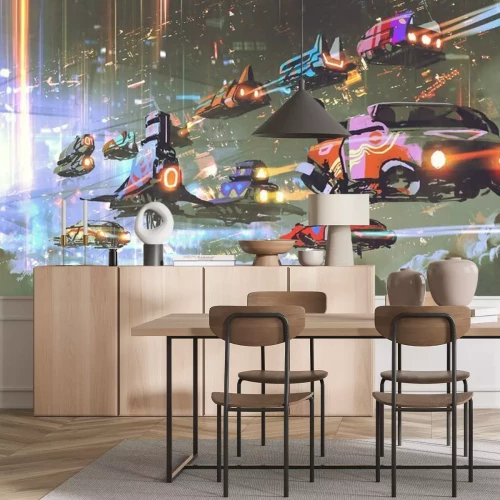 Papier peint  Flying car traffic in the futuristic world, digital art style, illustration painting