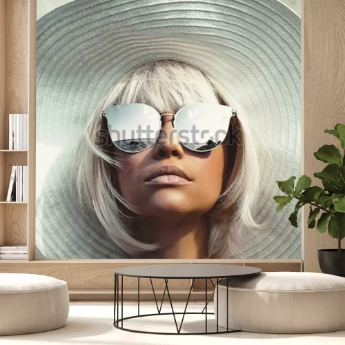 Papier peint  Femme portant des lunettes de soleil et un chapeau de paille