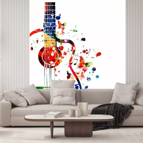 Sticker  Colorful guitar with music notes isolated vector illustration design. Music background. Music instrument poster with music notes, festival poster, live concert events, party flyer