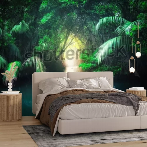 Papier peint  Paysage rivière dans la jungle tropicale avec des plantes exotiques