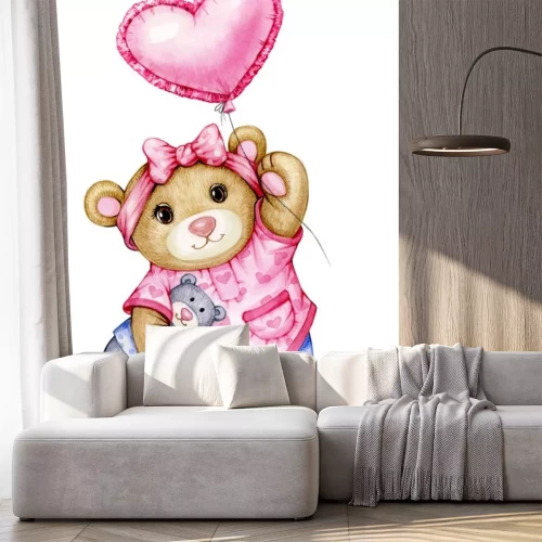 Sticker   Cute  baby  Teddy bear cartoon with balloon, isolated on white.