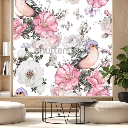 Papier peint  Oiseaux et fleurs dans des tons pastel
