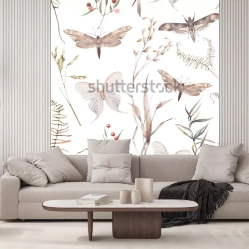 Sticker  Aquarelle papillon et l'été modèle sans couture d'herbes de champ. Texture peinte à la main avec des éléments botaniques: plantes, herbes, baies, fougère, feuilles. Fond répétitif naturel