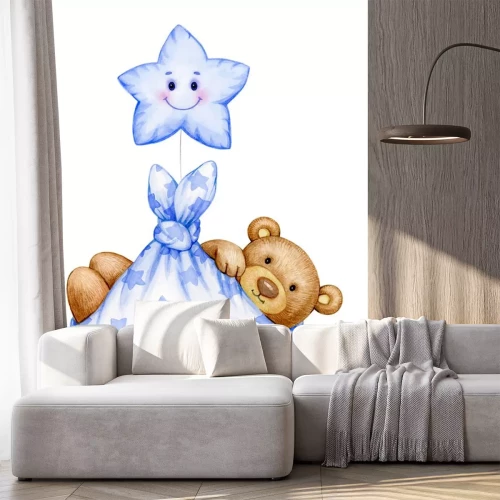 Sticker   Cute  baby  Teddy bear cartoon  with star, isolated on white.