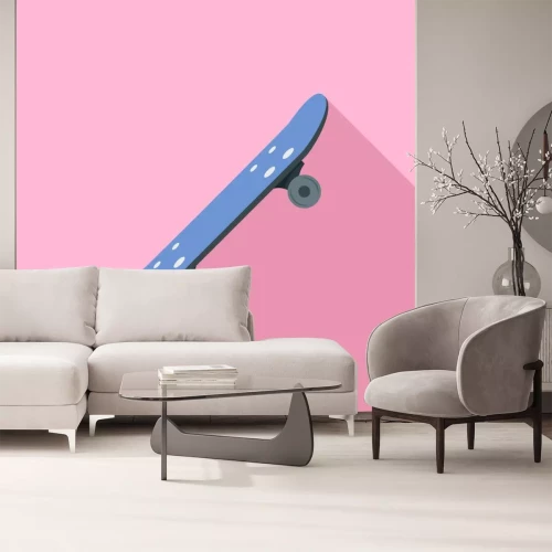 Sticker  Skateboard bleu et fond rose