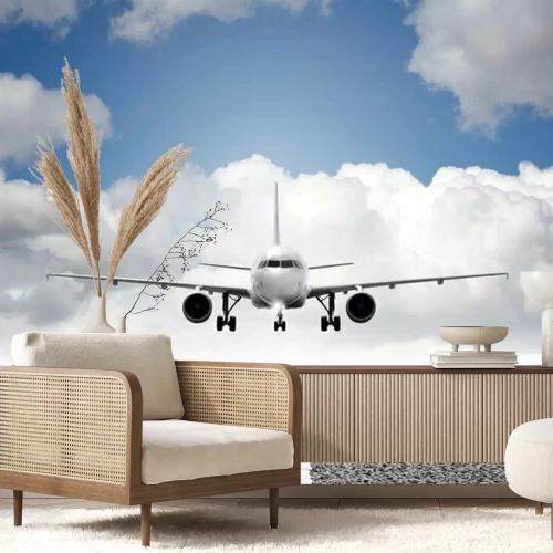 Papier peint  Avion décollant de la piste sur fond de nuages