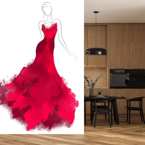Sticker  Model sketch silhouette in beautiful red dress. Fashion digital watercolor illustration